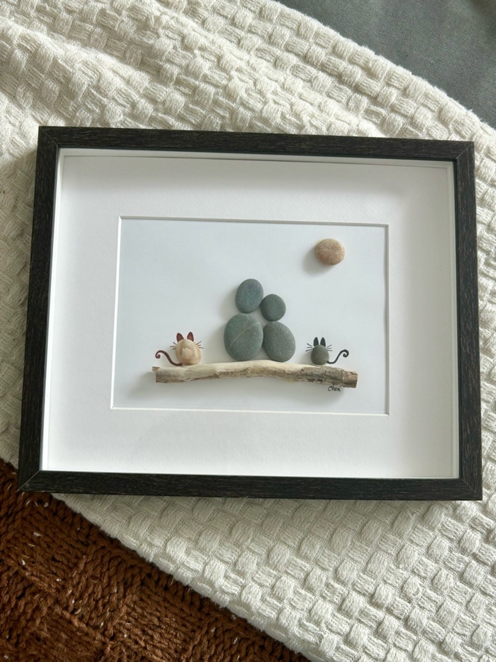 Framed Handmade Pebble Art - Cat Family on Driftwood